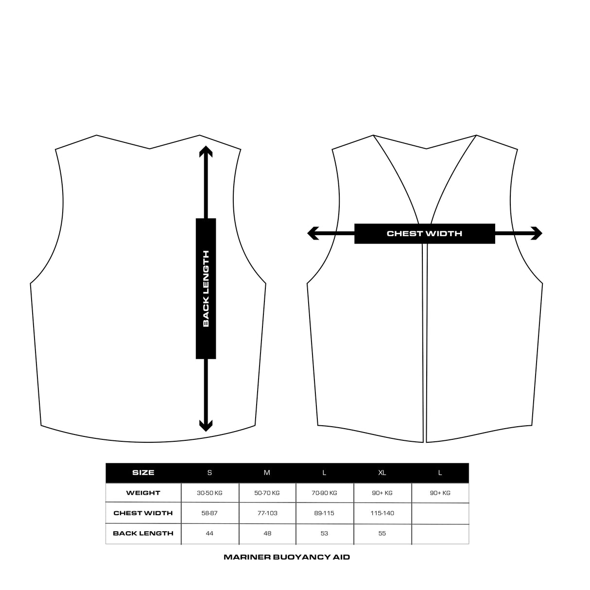A black and white technical sizing diagram for a vest, showing front and back outline views with arrows marking back length and chest width, plus a size table at the bottom labeled as a Mariner Buoyancy Aid.