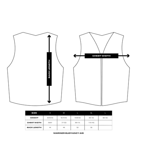 A black and white technical sizing diagram for a vest, showing front and back outline views with arrows marking back length and chest width, plus a size table at the bottom labeled as a Mariner Buoyancy Aid.
