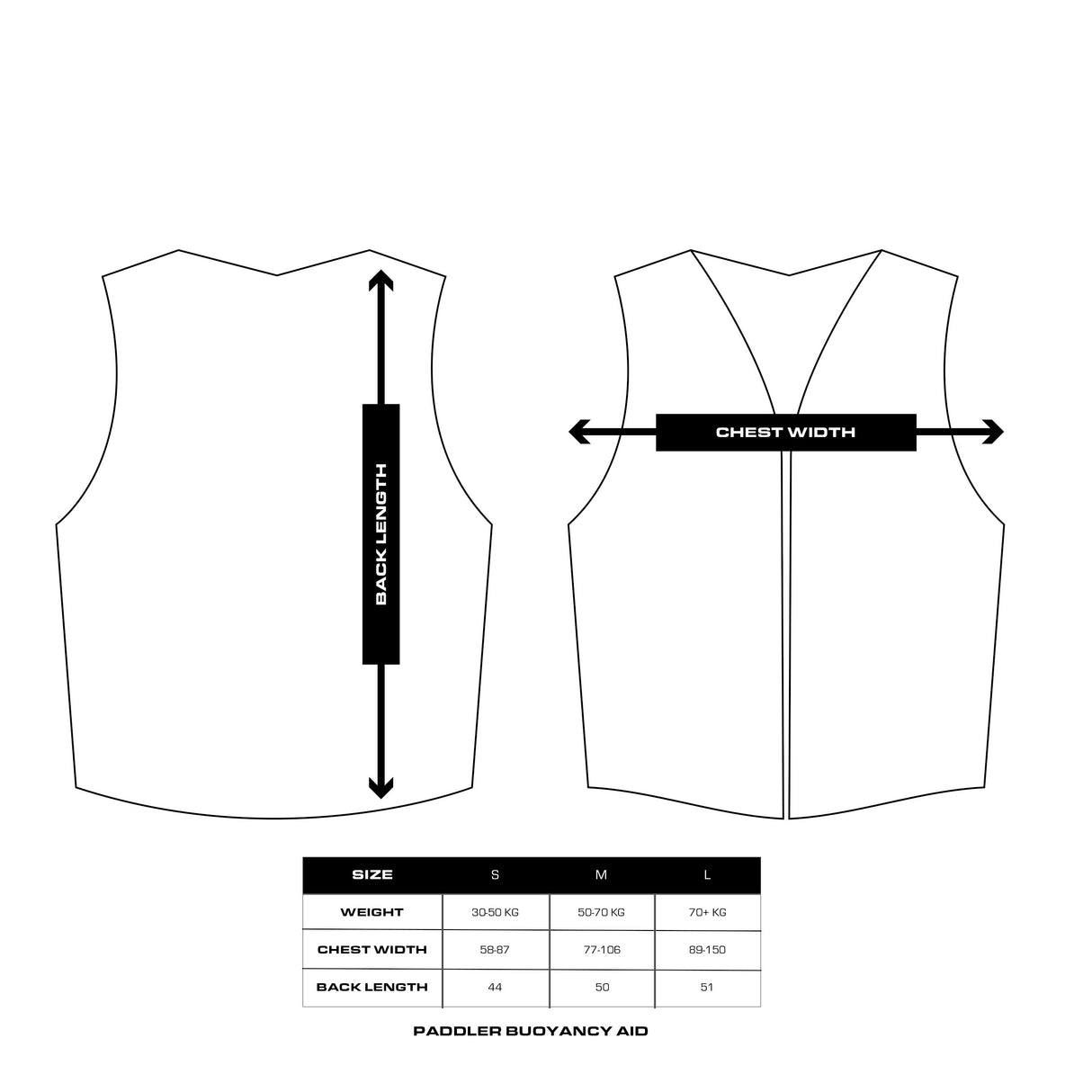 Technical sizing diagram of a paddle buoyancy aid vest, showing front and back line drawings with arrows indicating back length and chest width, plus a size table for S, M, and L.