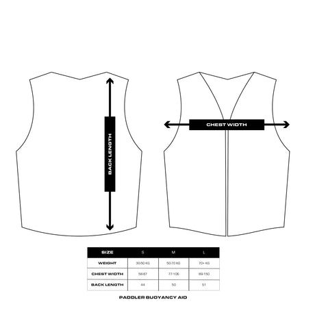 Technical sizing diagram of a paddle buoyancy aid vest, showing front and back line drawings with arrows indicating back length and chest width, plus a size table for S, M, and L.